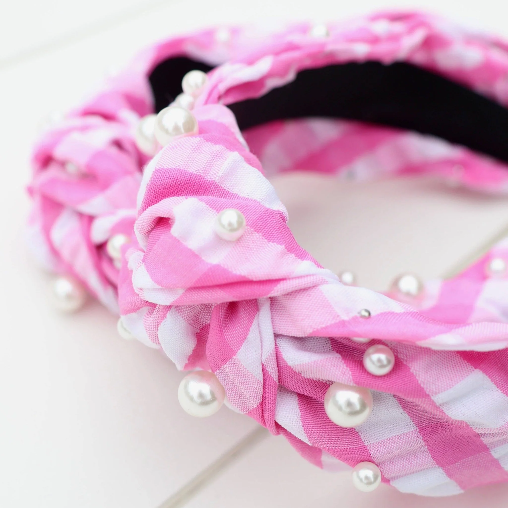 Pink Gingham Pearl Headband - Image 3