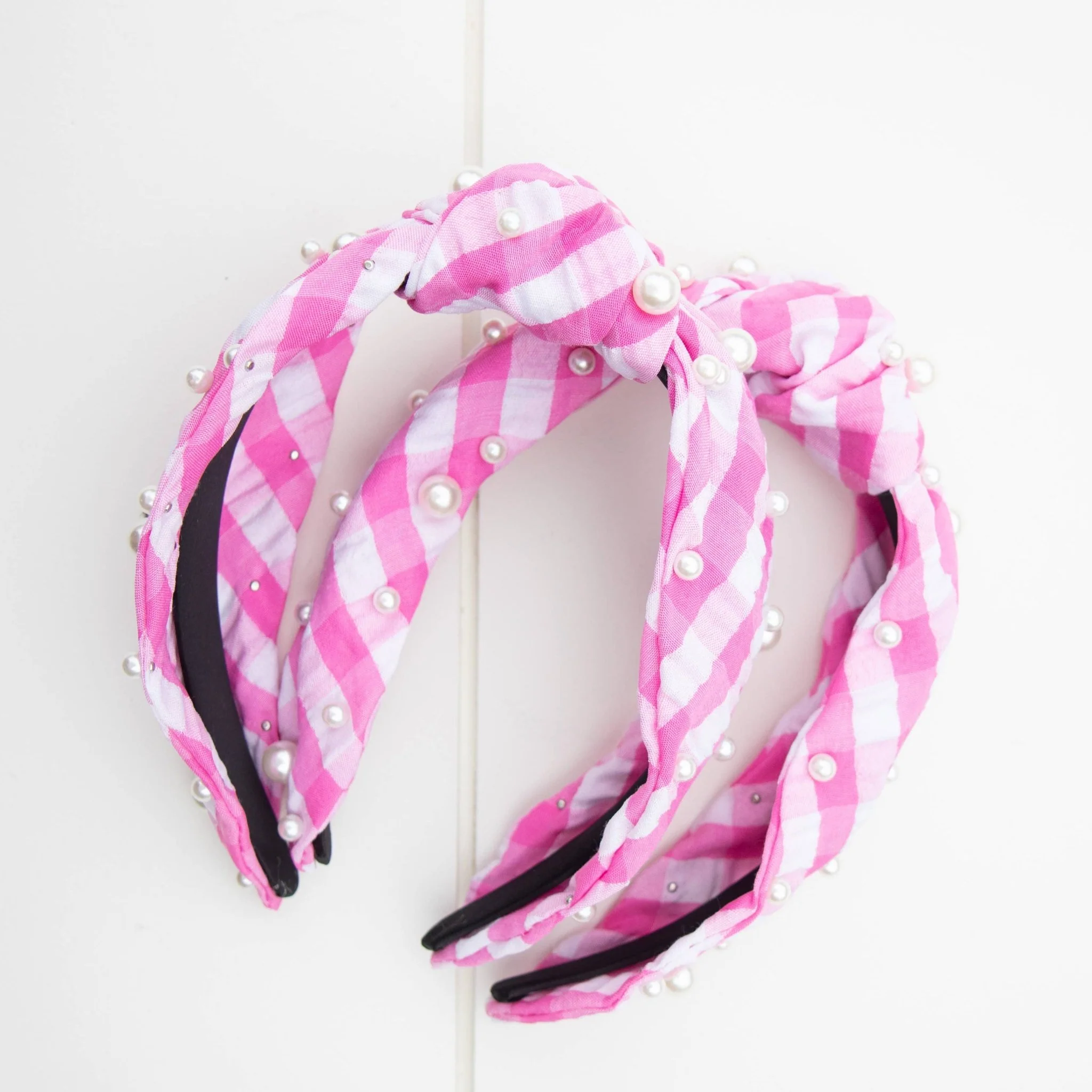 Pink Gingham Pearl Headband - Image 4