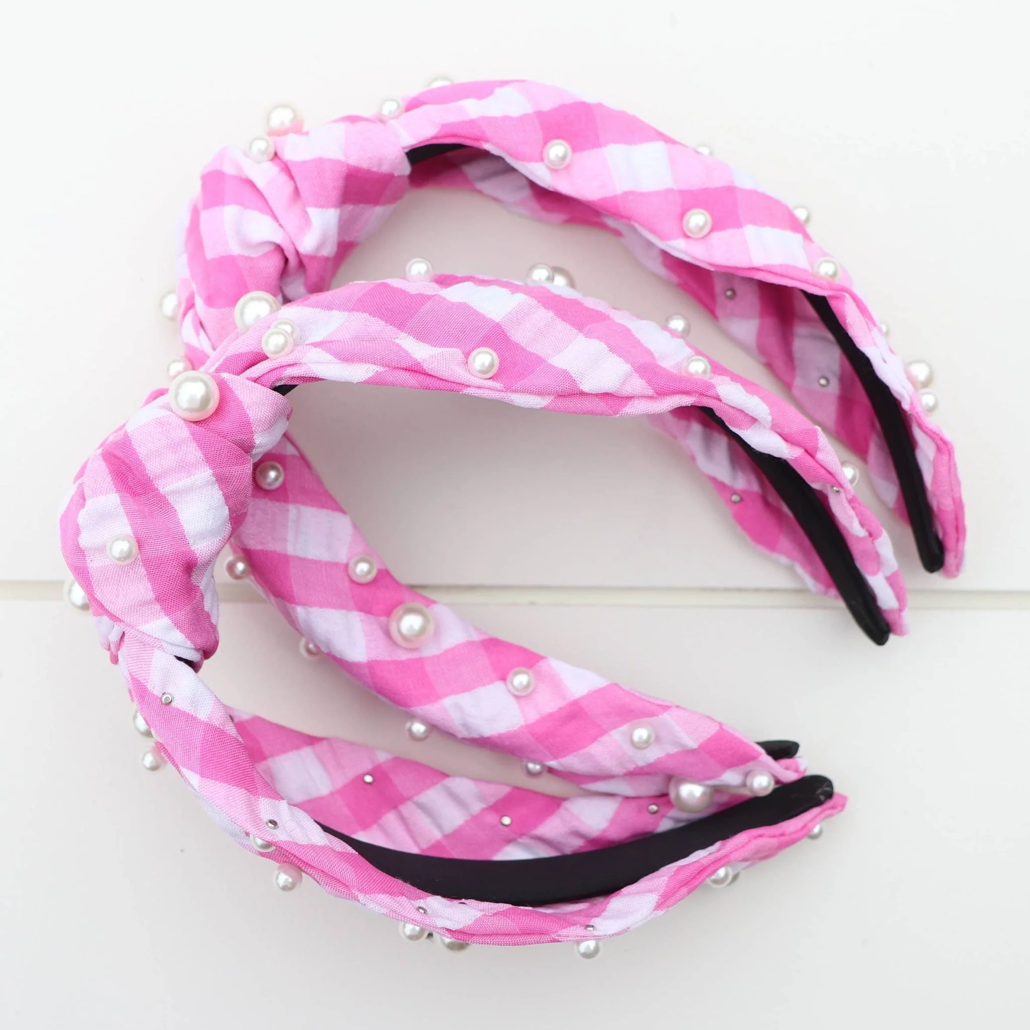 Pink Gingham Pearl Headband - Image 5
